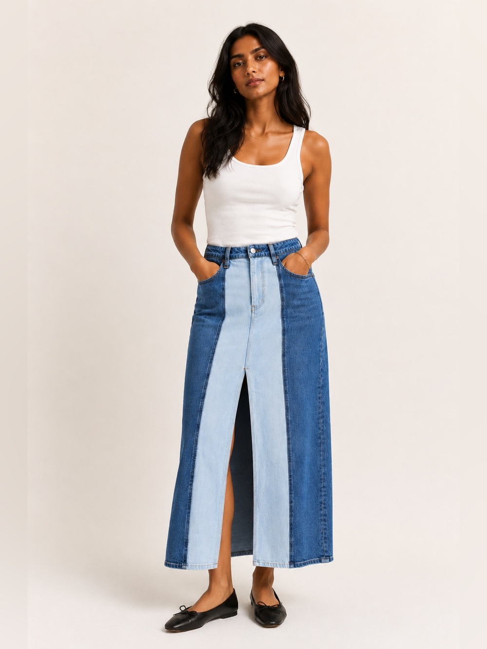 Alice + Olivia Rye Maxi Denim Skirt Two Tone Front Slit 26